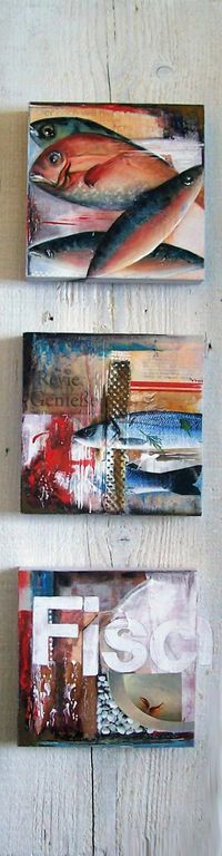 Fisch - Collage auf Holzk&ouml;rpern und Latte , ca. 15 cm x 100 cm